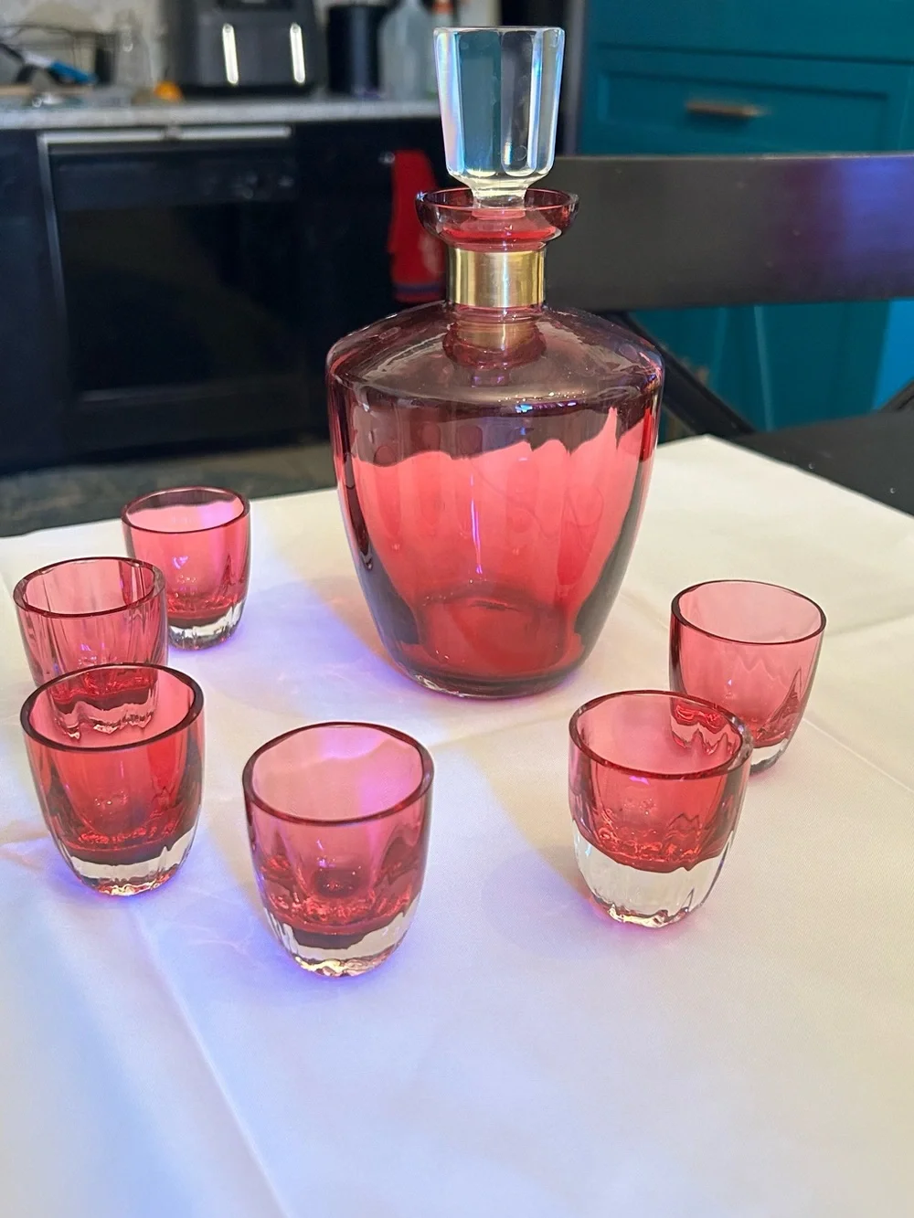 Red Glass Decanter with Gold Collar